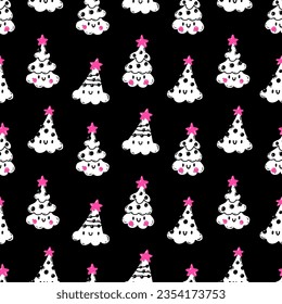 Cute Christmas tree pattern with star and garlands. Vector seamless pattern with kawaii decorated Christmas tree on black background. Print for packaging