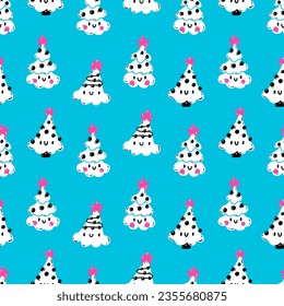 Cute Christmas tree pattern with star and garlands. Vector seamless pattern with kawaii decorated Christmas tree on blue background. Print for packaging