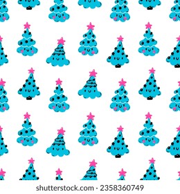 Cute Christmas tree pattern with star and garlands. Vector seamless pattern with kawaii decorated Christmas tree on white background. Print for packaging