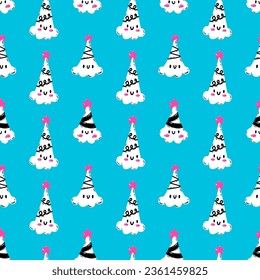 Cute Christmas tree pattern with star and garlands. Vector seamless pattern with kawaii decorated Christmas tree on blue background. Print for packaging