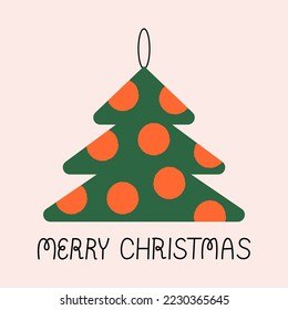 Cute christmas tree with red balls and merry christmas lettering. Holiday vector flat greeting card