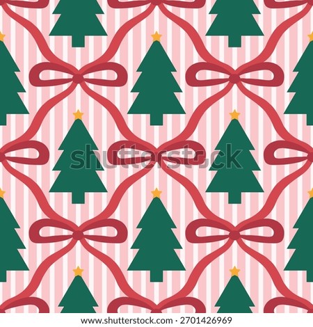 Cute Christmas Tree and Red Bow Seamless Pattern with Pink Stripes for Festive Holiday Fabric and Wrapping Paper