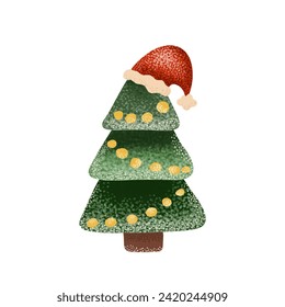 Cute christmas tree in red hat isolated on white