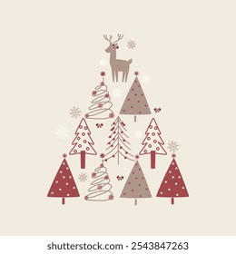 Cute Christmas tree, Reindeer, Bow, Coquette, and Snowflake in Simple Pyramid Style Design.