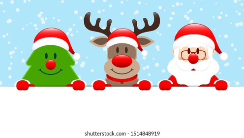 Cute Christmas Tree Reindeer And Santa Claus Banner Snow Blue