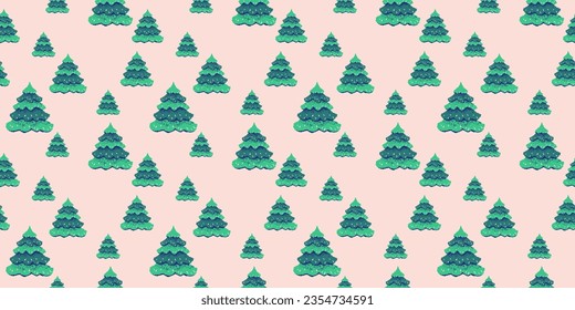 Un bonito árbol de Navidad de fondo impecable. Patrón de Navidad. Patrón de árboles de dibujos animados dibujados a mano por vectores. Plantilla para textil, moda, impresión, diseño superficial, papel, cubierta, tela, decoración interior