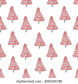 Cute Christmas tree seamless pattern in doodle style on white background for Christmas wallpaper, gift wrapping paper, wallpaper etc.