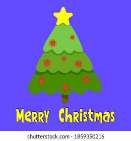 Cute Christmas tree in simple flats style decorated with coronavirus bacteria cells. Sarcastic greeting card with text Merry Christmas. Vector illustration isolated on blue background.