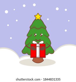 Cute Christmas tree with simple snow background