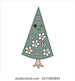 
Lindo árbol de Navidad con una cara sonriente y flores. Ilustración vectorial divertida para diseños infantiles y decoración festiva.

