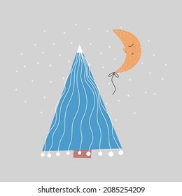Cute Weihnachtsbaum mit Lächelndem Mond, neues Jahr, auch Postkarte, Vektorszene