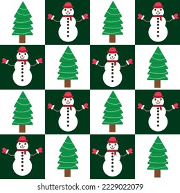 Árbol de Navidad lindo y muñeco de nieve en tableros de ajedrez blancos y verdes oscuros sin fisuras. Para textiles de Navidad, papel de envoltura y tela.
