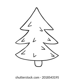 Cute Christmas tree in with stylized needles. Hygge holiday tree for stickers, planners, scrap elements, social media. Vector illustration with hand drawn doodle outline isolated on background.