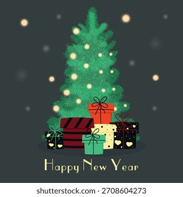 Árvore de Natal bonita cercada por presentes. O Ano Novo 2026 é o Ano do Cavalo. Ano Novo Chinês
