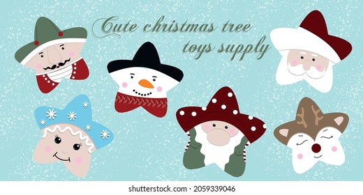 cute Christmas tree toys-stars (snowman, nutcracker, santa claus, snow maiden, deer, gnome) for decoration or playing with children. print on fabric, poster, postcard, typographic print