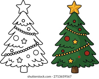Netter Weihnachtsbaum-Vektor in Umrissen und farbigem Stil, einzeln auf weißem Hintergrund.