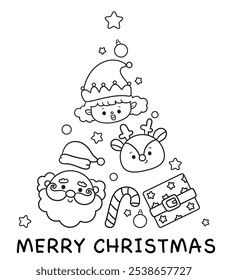 Cute christmas tree with whimsical characters reindeer elf girl santa gift. Kawaii Christmas (whimsical characters). Happy new year. Holiday cartoon xmas kids winter season. Flat illustration outline.