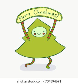 Cute Christmas tree wishing Merry Christmas. Lovely holiday illustration.