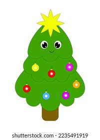 Cute Christmas tree.Green kawaii tree with ball