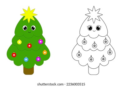Cute Christmas tree.Green kawaii tree and outline with ball.