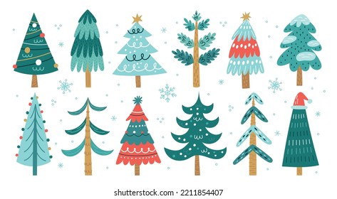 Cute Christmas trees. Cartoon funny firs with decorations. Xmas holiday garland and toys. New Year isolated symbols. Winter snowflakes. Forest coniferous plants. Garish