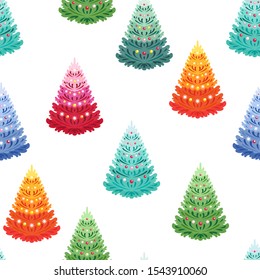 Cute christmas trees of different bright colors isolated on white background. Seamless pattern. New Year's festive decoration. Vectorial illustration in cartoon simple flat style.