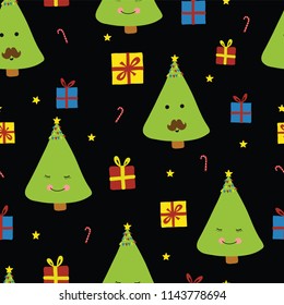Cute Christmas trees with face. Fun Christmas seamless vector patternfor kids on a pink background. Funny Christmas pattern. Childrens gift wrap. Perfect for the holidays. Cards, wrapping, packaging.