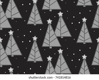 Cute Christmas trees with falling snow seamless vector pattern.