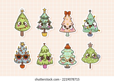 Cute Christmas trees illustrations in hand drawn style. Perfect for greeting cards, party invitations, posters, stickers, pin, scrapbooking, icons