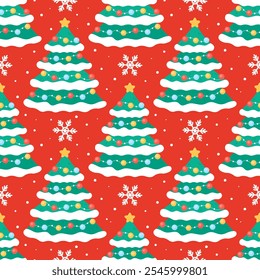 Cute Christmas trees pattern seamless vector illustration. Colorful festive Xmas and winter background with snowflakes, simple holiday elements, ornaments and symbols for winter seasonal designs. 