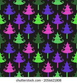 Cute Christmas trees seamless vector pattern. Winter season holidays sign bright color background. Christmas ornament cartoon illustration. New Year, X-mas festive geometric design wallpaper template