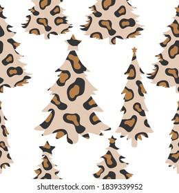 Cute Christmas trees silhouette, leopard skin, vector pattern.