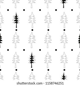 Cute Christmas trees and snowflakes.  Hand drawn with winter background.  Vector design with xmas trees, snowflakes, berries for winter holidays. Print for textile, wallpaper, wrapping paper, fabric.