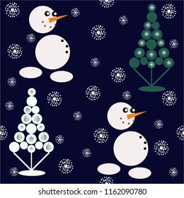 Cute Christmas trees, snowflakes, snowman. Drawing with winter background.  Vector design with  snowflakes, berries for winter holidays. Print for textile, wallpaper, wrapping paper, fabric.
