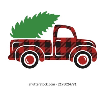 Cute Christmas truck Svg cutting file. Buffalo plaid old vintage truck carrying Christmas tree vector illustration (clipart). Christmas shirt design svg