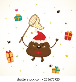 Cute Christmas turd and flies, vector.