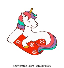 Cute Christmas Unicorn Clipart for Kids Holidays and Goods. Happy Clip Art Christmas Unicorn. Vector Illustration of an Animal for Stickers, Prints for Clothes, Baby Shower Invitation. 