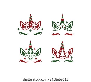 cute christmas unicorn face cartoon character vector icon design simple illustrations collections set isolated