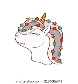 Cute Christmas Unicorn Face Clipart for Kids Holidays and Goods. Happy Clip Art Christmas Unicorn Head. Vector Illustration of an Animal for Stickers, Prints for Clothes, Baby Shower Invitation. 