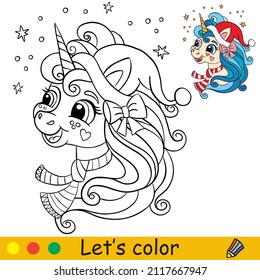 Cute christmas unicorn head in christmas hat. Coloring book page with color template. Vector cartoon illustration. For kids coloring, card, print, design, decor and puzzle.