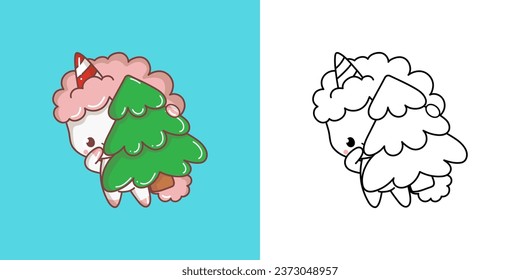 Cute Christmas Unicorn Illustration and For Coloring Page. Cartoon Stickers New Year Fantasy Horse. Adorable Vector Illustration of a Kawaii Animal for Christmas Stickers. 
