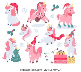 Cute Christmas Einhorn Zaubercharakter in festlichem Hut mit unterschiedlichen Winterurlaub- und Urlaubsaktivitäten Set Vektorgrafik. Fantasy baby Pferd Eislaufen, Süßigkeiten liefern, Tanne schmücken