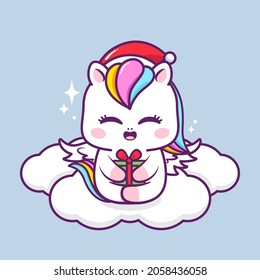 adorable unicornio de navidad con presente en la nube