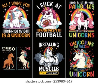 Cute Christmas Unicorn T-shirt Design, Christmas Unicorn Character Cartoon Vector Wearing Santa Hat, Christmas Custom Template, Vector print.