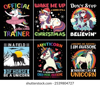 Cute Christmas Unicorn T-shirt Design, Christmas Unicorn Character Cartoon Vector Wearing Santa Hat, Christmas Custom Template, Vector print.