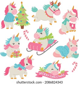 Cute Christmas Unicorn Vector Graphics Set.