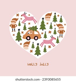 Cute Christmas Vector Card. Hand Drawn Santa Claus, Christmas Tree, Reindeer and Santa in a Car in Frame of Heart Shape on a Pastel Pink Background. Infantile Style Crayon Drawing-Like X-mas Print.