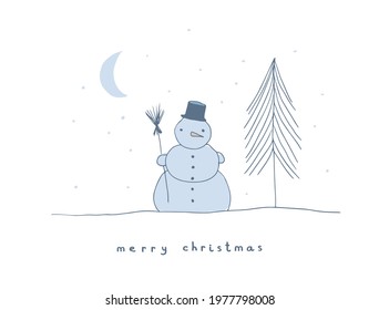 Cute Christmas Vector Card. Christmas Tree, Moon, Stars and Blue Snowman Isolated on a White Background. Hand Written Merry Christmas. Funny Winter Holidays Print ideal for Card, Banner.
