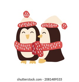 Cute christmas vector hand drawn two penguins. Scandinavian winter illustration for nursery baby t-shirt, kids apparel, invitation. Simple child design.