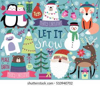 Cute Christmas Vector Illustration, Bright Colorful Holiday Design Elements